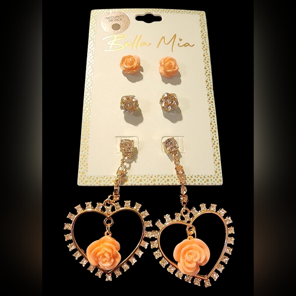 Gold and Orange Heart Dangle Earrings Set